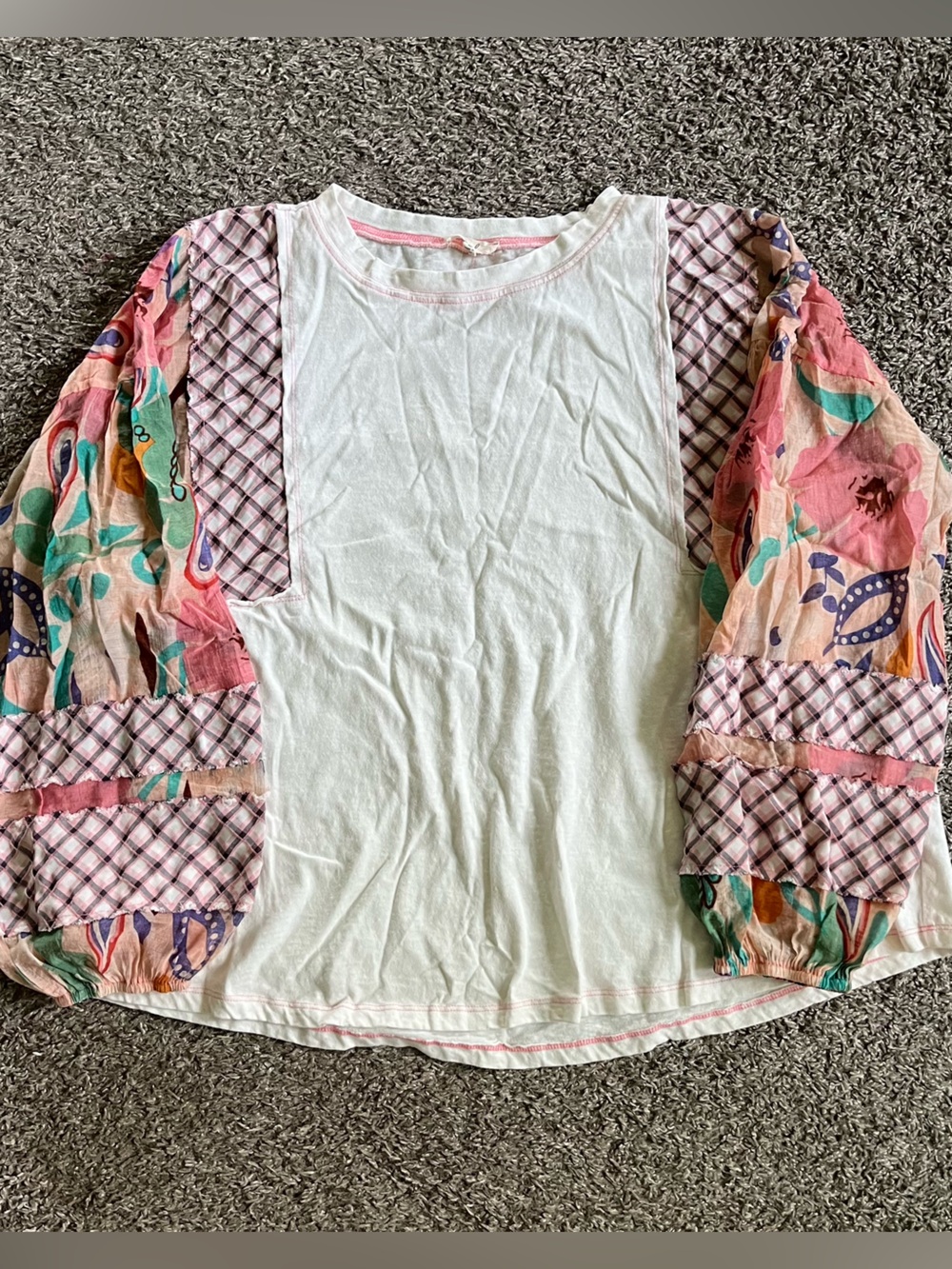 Easel Patchwork Puff Sleeve Long Sleeve Top Medium Boho Colorful Oversized